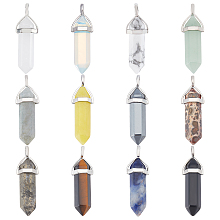 SUPERFINDINGS 12Pcs 12 Styles Gemstone Bullet Shape Charms Healing Pointed Chakra Hexagonal Stone Pendants 12x39mm Arrow Gemstone Pendants with Platinum Tone Brass Findings for Jewelry Craft Making