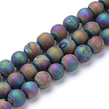 Honeyhandy Electroplated Natural Druzy Geode Agate Bead Strands, Matte Style, Round, Multi-color Plated, 8~9mm, Hole: 1mm, about 46pcs/strand, 14.7 inch