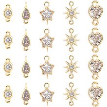 BENECREAT 20Pcs 5 Style Flat Round Star Brass Micro Pave Cubic Zirconia Links 18K Gold Plated Teardrop Heart Shape Crystal Connecter