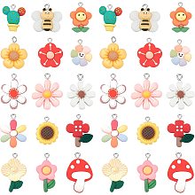 PandaHall Elite 30pcs 15 Styles Flower Charms, Cactus Mushroom Pendants Sunflower Bee Resin Pendants Plant Animal Dangle Charms for Spring Summer Bracelet Necklace Earring Keychain Shoe Making