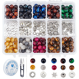 SUNNYCLUE DIY Jewelry Kits, including Natural Tiger Eye Beads, Alloy Spacer Beads, Iron Collapsible Big Eye Beading Needles, Crystal Threadand Sharp Steel Scissors, Mixed Color, 8~8.5mm, Hole: 1~1.2mm