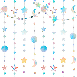 PandaHall Elite 4Pcs 4 Style Iridescent Paper Glitter Circle Star Garland, Hanging Streamer, for DIY Shimmer Wall Backdrop, Festive & Party Decoration, Colorful, 4000mm, 1pc/style