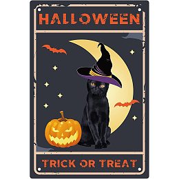 CREATCABIN Halloween Metal Tin Sign Halloween Trick or Treat Retro Vintage Black Cat Sign Pumpkin for Yard Party House Home Business Nostalgic Decor 12 X 8 Inch