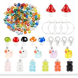 Arricraft About 133 Pcs Earring Necklace Making Kits with Bear Duck Mushroom Resin Pendants, Glass Seed Lampwork Beads Iron Wire Pendants Cable Chains for Jewelry Making DIY Crafts