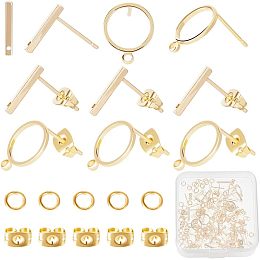 CREATCABIN 60Pcs 2 Styles Round Flat Stud Earring Findings 18K Gold Plated Brass Earring Posts Rectangle Circle Stud Earring with Loop Friction Ear Nuts Open Jump Rings for Jewelry Earrings Making