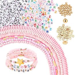 PandaHall Elite 780pcs Polymer Clay Beads Kit 6 Styles Heishi Beads Pink Vinyl Disc Beads Clay Cylinder Beads with 300pcs Letter Beads 200pcs Golden Spacer Beads for Necklace Bracelet Jewelry Making