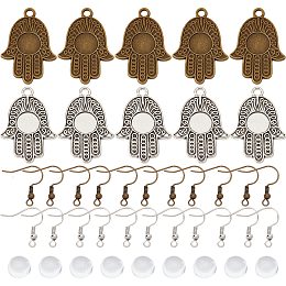 SUNNYCLUE DIY Blank Dome Earrings Making Kit, Include Hamsa Hand Alloy Pendant with Tray, Half Round Glass Cabochons, Brass Earring Hooks, Antique Bronze & Antique Silver, 120Pcs/box