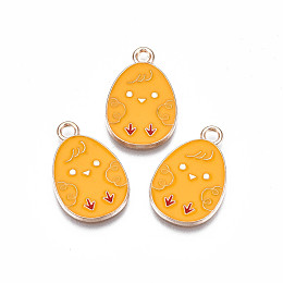 Honeyhandy Alloy Enamel Pendants, Light Gold, Cadmium Free & Lead Free, Easter Egg Shape with Chick, Orange, 22x14x1.5mm, Hole: 2mm