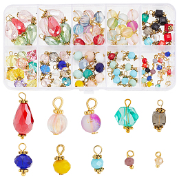 PandaHall Elite 100Pcs 10 Style Glass Charms Sets, Rondelle & Cube & Polygon & Bicone & Pumpkin & Round, Mixed Color, 9~21x4~10mm, Hole: 1.2~3mm, 10pcs/style