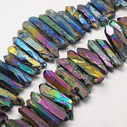 Honeyhandy Irregular Strip Electroplated Natural Quartz Crystal Beads Strands, Rainbow Plated, 20~50x6~15x6~15mm, Hole: 1~2mm, 15.3 inch