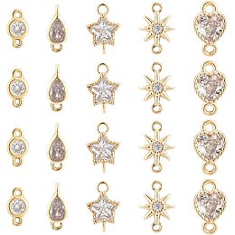 BENECREAT 20Pcs 5 Style Flat Round Star Brass Micro Pave Cubic Zirconia Links 18K Gold Plated Teardrop Heart Shape Crystal Connecter