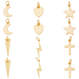 SUPERFINDINGS 12Pcs 6 Style Brass Pendants, with Jump Ring, Long-Lasting Plated, Moon & Heart & Star & Cross & Lightning Bolt & Triangle, Real 18K Gold Plated, 11.5~20x6~10x1~1.5mm, Hole: 3mm, 2pcs/style