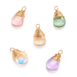 Honeyhandy Transparent Glass Pendants, with Gold Copper Wire Wrapped Pendants, Teardrop, Mixed Color, 18.5x10x6mm, Hole: 2mm