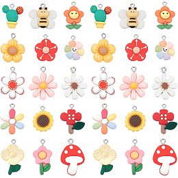 PandaHall Elite 30pcs 15 Styles Flower Charms, Cactus Mushroom Pendants Sunflower Bee Resin Pendants Plant Animal Dangle Charms for Spring Summer Bracelet Necklace Earring Keychain Shoe Making