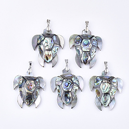 Honeyhandy Shell Pendants, with Brass Findings, Sea Turtle, Platinum, Colorful, 48~52x39~42x9mm, Hole: 6x4mm