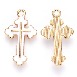 Honeyhandy Alloy Enamel Pendants, Cross, Light Gold, White, 25x14x2mm, Hole: 1.8mm