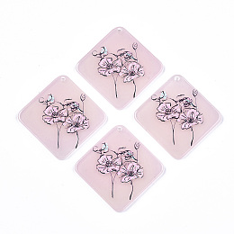 Honeyhandy Acrylic Pendants, 3D Printed, Rhombus with Flower Pattern, Pink, 42x42x3mm, Hole: 1.8mm, Side Length: 32mm