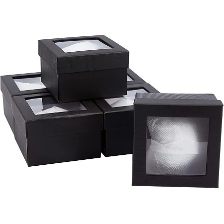 Paper Gift Box for Watch, with Sponge & Clear Window, Square, Black, 9x9x6cm