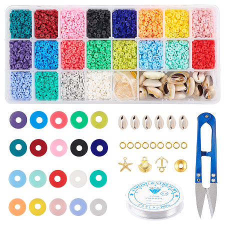 DIY Jewelry Kits, with Environmental Handmade Polymer Clay Bead Spacers, Alloy Pendants, Cowrie Shell Beads, Iron Scissors and Elastic Crystal Thread, Mixed Color, 4x1mm, Hole: 1mm