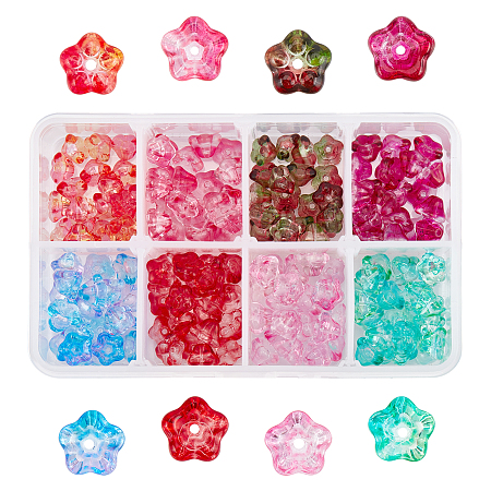 PANDAHALL ELITE Electroplate Glass Beads, Trumpet Flower, Mixed Color, 8.5x8x5.5mm, Hole: 1mm, 8 colors, 20pcs/color, 160pcs/box