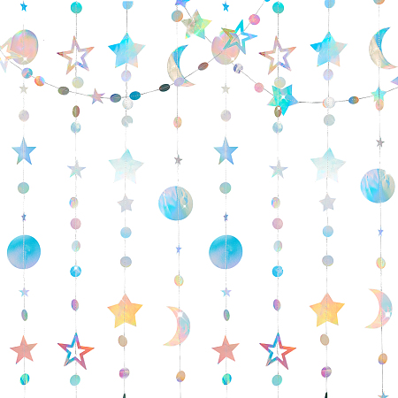 PandaHall Elite 4Pcs 4 Style Iridescent Paper Glitter Circle Star Garland, Hanging Streamer, for DIY Shimmer Wall Backdrop, Festive & Party Decoration, Colorful, 4000mm, 1pc/style