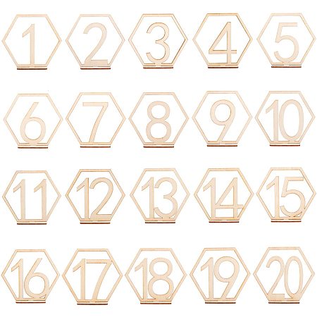 PH PandaHall Wooden Table Numbers, 1-20 Wedding Table Numbers with Holder Base, Hexagon Shape Party Card Table Holder Perfect for Wedding, Party, Events or Catering Decoration