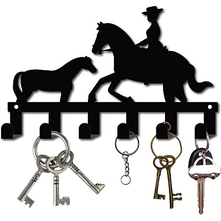 CREATCABIN Metal Key Holder Black Key Hooks Wall Mount Hanger Decor Iron Hanging Organizer Rock Decorative with 6 Hooks Horse and Rider Cowboy for Front Door Entryway Cabinet Hat Towel 10.6 x 6.5inch