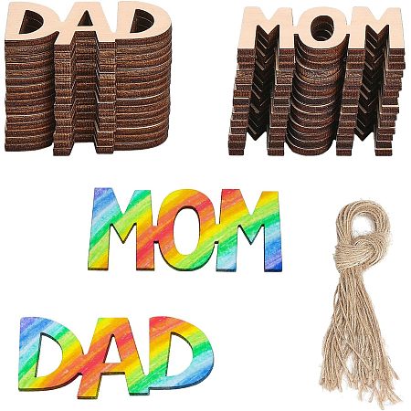 CHGCRAFT 30Pcs 2 Styles Word MOM DAD Wooden Hanging Tags with Jute Twine Unfinished Wood Crafts for Father's Day & Mother's Day Birthday Presents Party Decorations, Burlywood