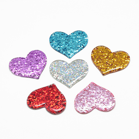 Honeyhandy Resin Cabochons, with Glitter Powder, Heart, Mixed Color, 31~32x37x3~4mm
