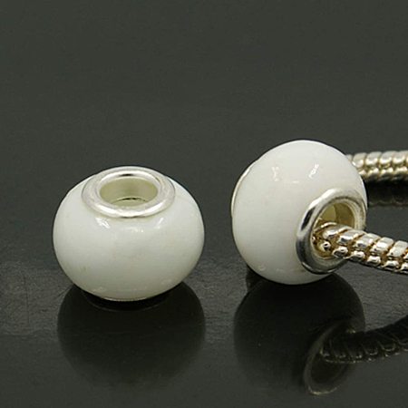 NBEADS 200 Pcs Lampwork European Beads, White Rondelle Large Hole Beads with Silver Color Brass Cores for Jewelry Making