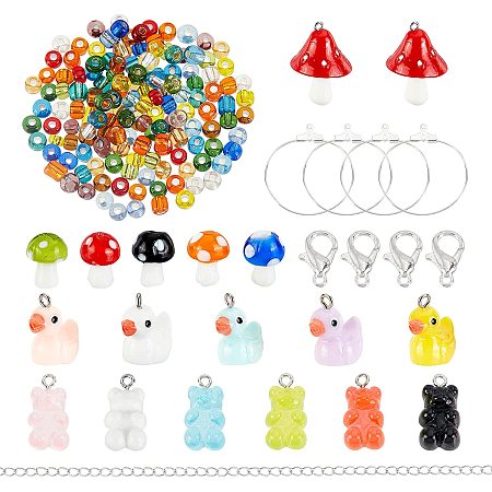 Arricraft About 133 Pcs Earring Necklace Making Kits with Bear Duck Mushroom Resin Pendants, Glass Seed Lampwork Beads Iron Wire Pendants Cable Chains for Jewelry Making DIY Crafts