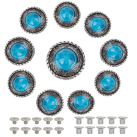 GORGECRAFT 10 Sets Turquoise Blue Buttons Round Conchos Unique Metal Eye Decorative Buckle Castings Screw Back Button with Imitation Synthetic Turquoise & Iron Screw for DIY Leather Goods Accessories