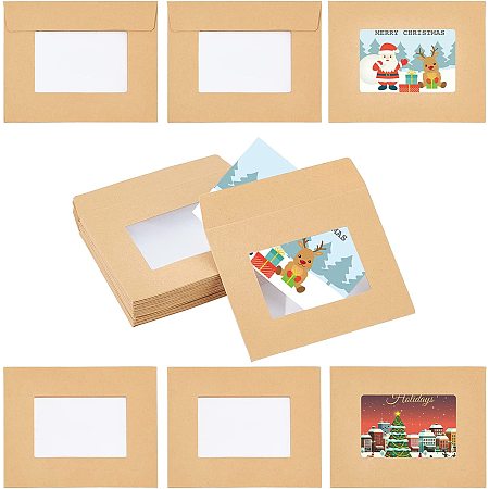 PandaHall Elite 24 Pack Kraft Envelopes Christmas Clear Window Envelopes Blank Envelopes with Double-Sided Windows Invitation Card Envelopes for Gift Card Greeting Wedding Party Invitation, 3.1x3.9 inch