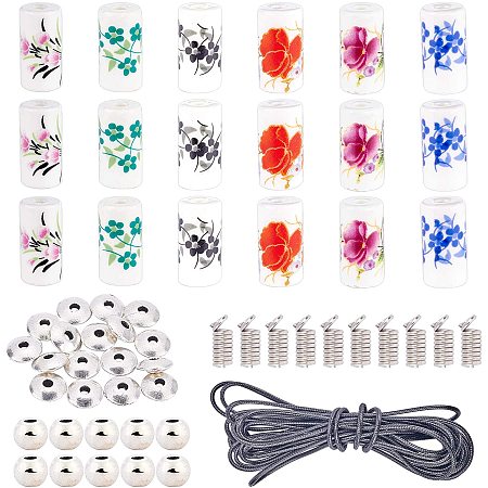 NBEADS DIY Jewelry Kit, Floral Printed Porcelain Beads with Tibetan Style Alloy Spacer Beads, Iron Coil Cord Ends and Braided Wax Polyester Cords for Jewelry Making (Total 118 Pcs)