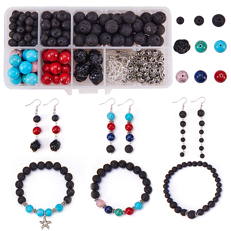SUNNYCLUE 300pcs Lava Beads Kit, Lava Black Rock Volcanic Stone Loose Beads for Essential Oils with 10mm Natural Chakra Beads, Earring Hooks and Jewelry Findings for Jewelry Bracelet Earrings Making