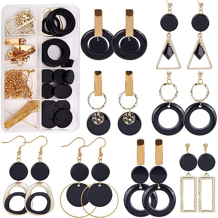 SUNNYCLUE 1 Box DIY 8 Pairs Black Theme Charms Flat Round Freshwater Shell Charms Earrings Making Kit Seashell Charms for Jewelry Making Linking Rings Ball Post Earring Findings Women Instruction