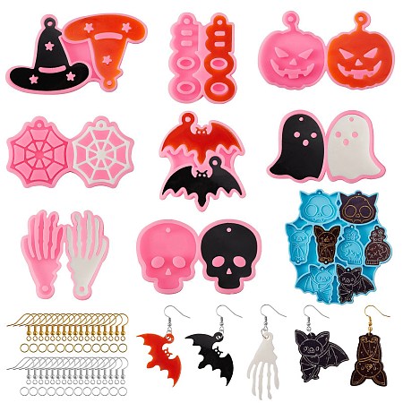 Honeyhandy DIY Halloween Theme Dangle Earring Making Kits, Bat & Hat & Ghost & Spider Web Pendant Silicone Mold, 200Pcs 2 Colors Iron Open Jump Rings and Brass Earring Hooks, Mixed Color, 32~111x38~104x5~6mm, hole: 1.8~3mm