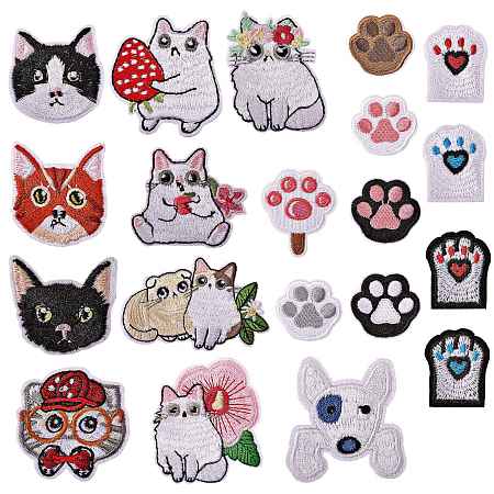 Honeyhandy 20Pcs 20 Style Computerized Embroidery Cloth Iron on/Sew on Patches, Costume Accessories, Dog Paw Print & Cat & Dog, Mixed Color, 1pc/style