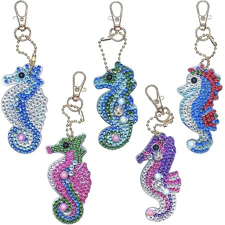 SUNNYCLUE 1 Set 5Pcs 5D Diamond Painting Keychain Kit Seahorse Diamond Painting Keychains DIY Handmade Full Diamond Painting Decorative Accessories for Kids Adult Craft Projects