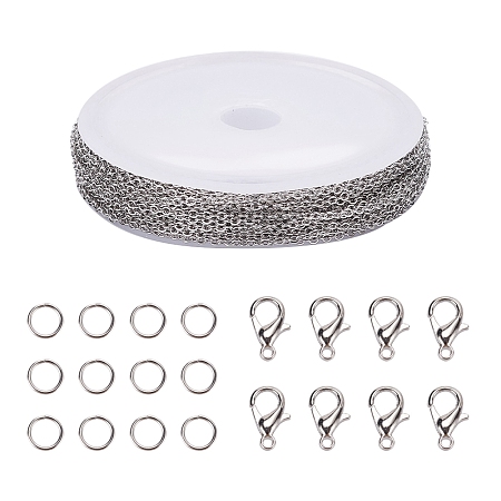 10M 304 Stainless Steel Cable Chains, Unwelded, Flat Oval, & 20Pcs Lobster Claw Clasps & 40Pcs Open Jump Rings, for DIY Chain  Making, Stainless Steel Color, 2x1.5x0.4mm