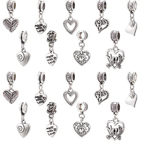CHGCRAFT 54Pcs 9Styles Love Heart Pendants Tibetan Style Alloy European Dangle Charms Jewelry Making Charms for Necklace Bracelet Jewelry Making and Crafting, Antique Silver