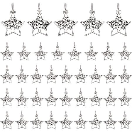 PandaHall Elite Tree of Life Pendants, 40pcs Star Shape Lucky Charms 21x23mm Tibetan Alloy Silver Hollow Charms for Charistmas Tree Hanging Jewelry Making Keychain Wedding Party Favor