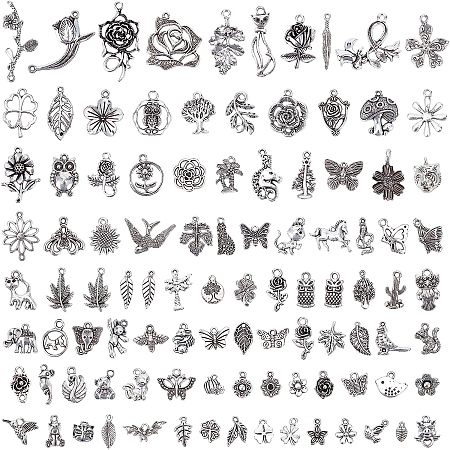 PandaHall Elite 100pcs Plant Animal Charms, Mixed Style Jungle Pendants Rose Flower Pendants Leaf Charms Collection Antique Silver Supplies for Spring Bracelet Necklace Jewelry Making Handicraft