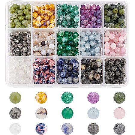 AHANDMAKER 860 Pcs Natural Stone Beads, 15 Styles 6mm Round Genuine Real Stone Beading Loose Gemstone with 1mm Hole, for Bracelet Necklace Earrings Jewelry Making