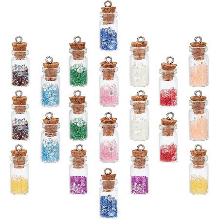 SUNNYCLUE 1 Box 20Pcs 10 Colors Glass Bottle Charms Transparent Mini Wishing Bottle Wish Pendants Colorful Rhinestone Sequins Cork Stopper for Jewelry Making Charms Bracelets Findings