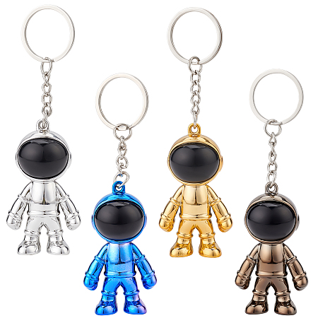 PandaHall Elite 4Pcs 4 Colors Plastic Astronaut Keychains, Electroplated, with Iron Key Rings, Mixed Color, 10.3cm, 1pc/color