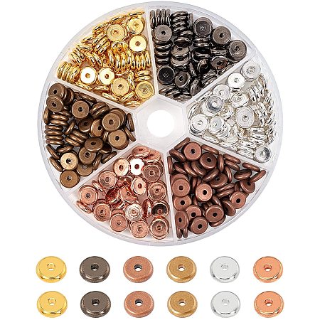 PH PandaHall 8mm Flat Round Disc Spacer Beads, 300pcs 6 Color Metal Heishi Spacer Beads Charm Connector for Polymer Clay Heishi Disc Bracelet Necklace Making
