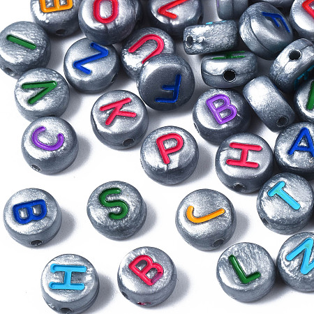 Arricraft Opaque Gray Acrylic Beads, Horizontal Hole, Flat Round with Mixed Letters, Mixed Color, 7x4mm, Hole: 1.2mm, about 3600pcs/500g