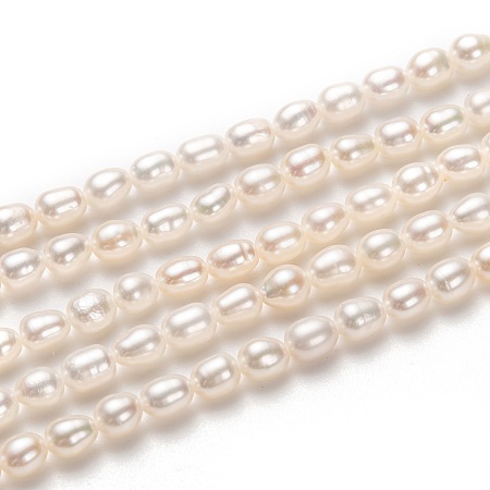 Honeyhandy Grade AAA Natural Cultured Freshwater Pearl Beads Strands, Rice, White, 5x4mm, Hole: 0.5mm, about 70pcs/strand, 14.57 inch(37cm)