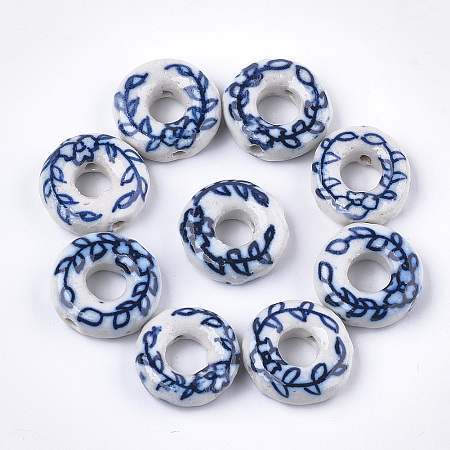 Honeyhandy Handmade Porcelain Bead Frame Beads, Blue and White Porcelain, Donut with Leaf, Marine Blue, 19x6.5mm, Hole: 1.6mm